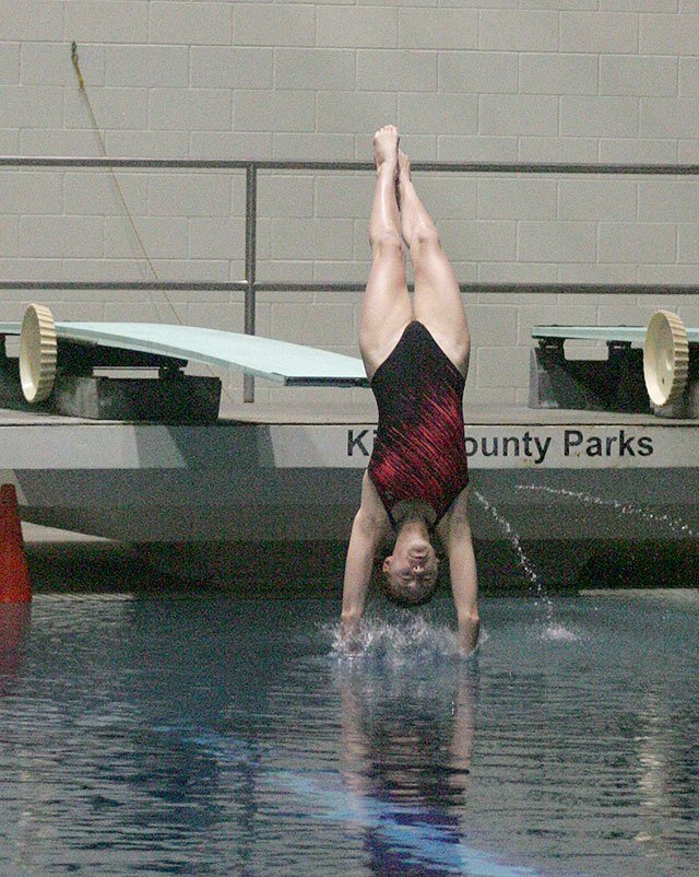 Katherine Beliveau, Kentlake senior, took fifth in the diving event at the state meet. DENNIS BOX, The Reporter