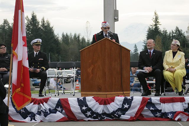 World War II veteran Milton Till addressed the audience as the keynote speaker during Friday&rsquo;s ceremony at the Tahoma National Cemetery. Photos by Sarah Brenden, The Reporter