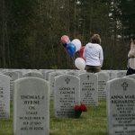 Two women stand in the distance after placing flowers and balloons at a grave site at the Tahoma National Cemetery Friday. Following the ceremony, many placed flowers on loved one&rsquo;s graves.