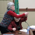 During a recess called by Mayor Carol Benson, Mayor Pro Tempore Erika Morgan took Benson&rsquo;s seat as chair and attempted to continue the council meeting. Benson wrested the gavel from Morgan as Black Diamond police officers stepped in. Ray Still, The Reporter