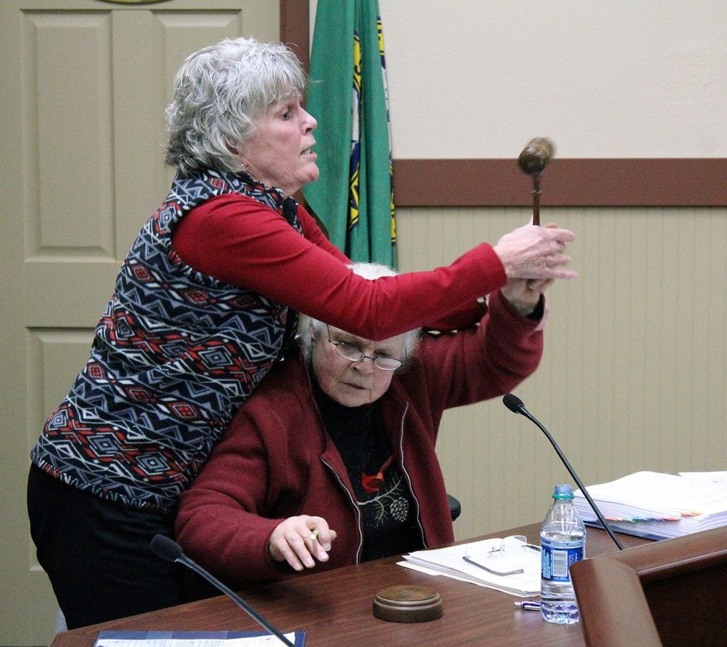During a recess called by Mayor Carol Benson, Mayor Pro Tempore Erika Morgan took Benson&rsquo;s seat as chair and attempted to continue the council meeting. Benson wrested the gavel from Morgan as Black Diamond police officers stepped in. Ray Still, The Reporter