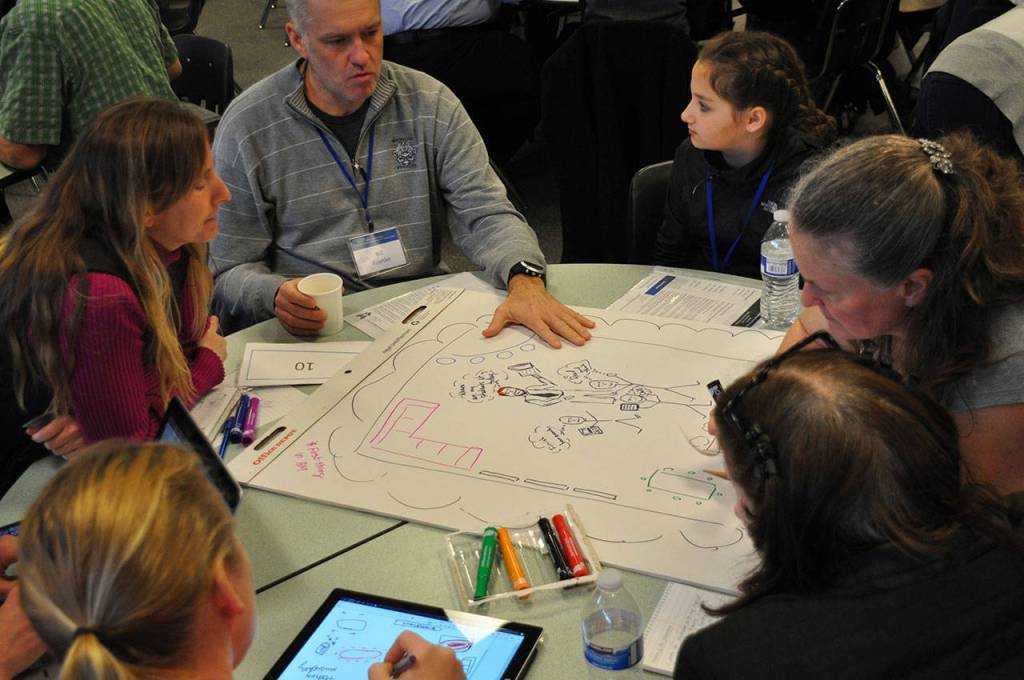 A group works on its sketch during the Kent School District&rsquo;s Tech Summit on March 18. The sketches will be used to make a video showing how technology should be used in the district. HEIDI SANDERS, Kent Reporter