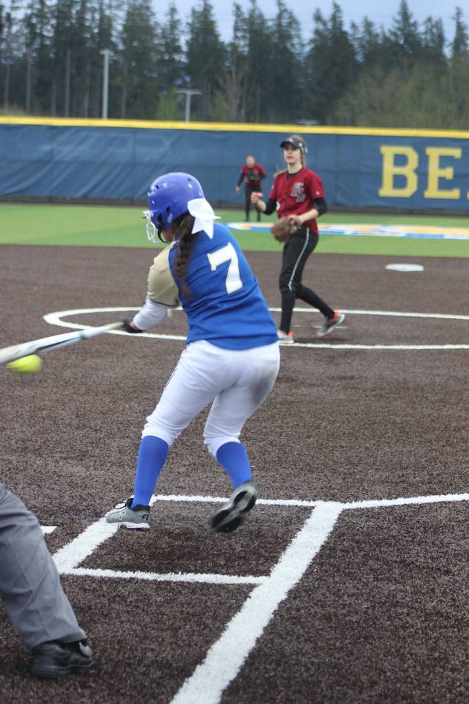 Tahoma junior Kaylee Hazelwood swings for a pitch Wednesday from Kentlake junior Allyson Overall. SARAH BRENDEN, The Reporter