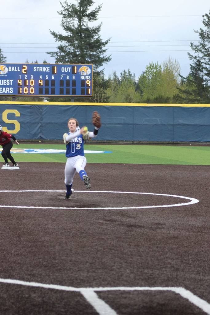 Tahoma junior Danika Dennis releases a pitch during the Bears 12-2 win over Kentlake.