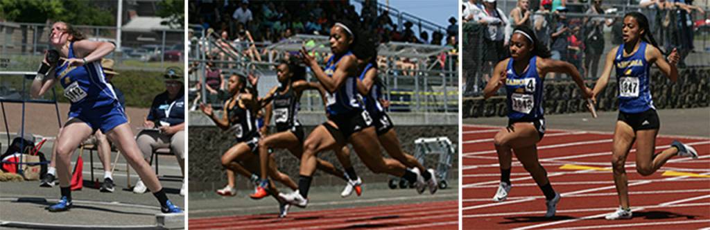 Ginny Mehl won the shot put hitting 44-04 feet, Aliya Wilson won the 100 meters in the 11:55 seconds. The 4x100 relay team of twins Aliya Wilson and Alisha Wilson, older sister Tierra Wilson and Olivia Ribera won in 46.62. In the photo Olivia Ribera hands the baton to anchor Aliya Wilson.                                Photos by Dennnis Box