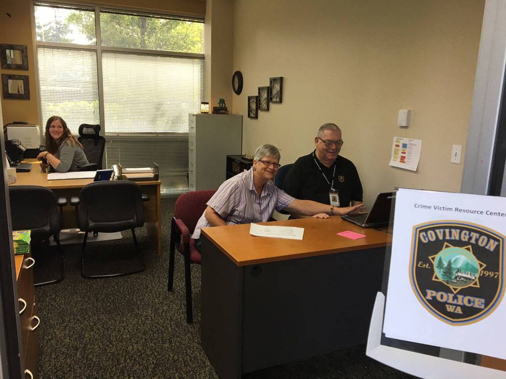 Volunteers at the new victim resource center at Covington City Hall. Photo submitted by Karla Slate, communications.