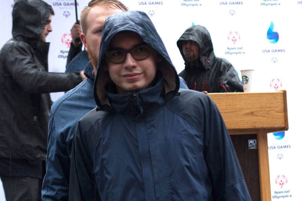 Miguel McCoy walks off to the side after his name was announced at the 2018 Special Olympics Home Team Announcement in Seattle on Jan. 11. Photo by Kayse Angel