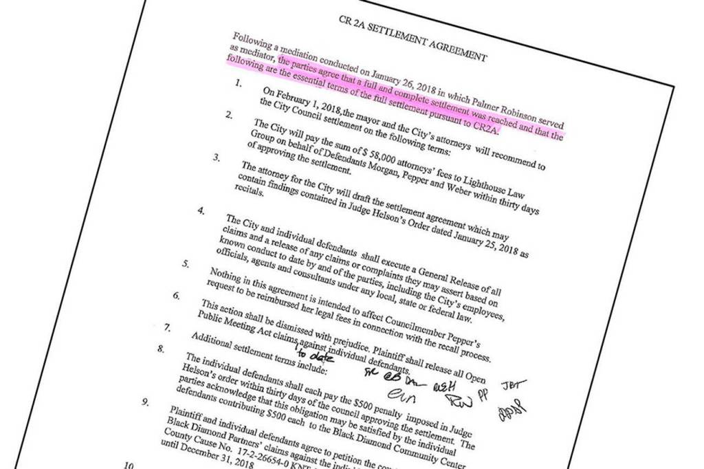 Developer Oakpointe, the city of Black Diamond and individual defendants Pat Pepper, Brian Weber and Erika Morgan agreed to a settlement that halts the Open Public Meetings Act lawsuit Oakpointe filed against the city.