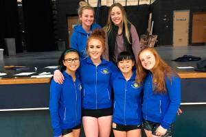 The following athletes are the Tahoma students that qualified for state.                                Left to right: Elsie Rochleau, Hayley Rayburn, Emma Rochleau, Mira Kaufman and coaches left to right: Randi Schorzman, Erica Bonthuis. Submitted Photo
