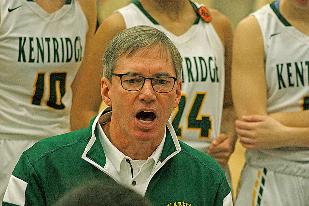 Kentridge coach Bob Sandall delivers instructions to his team during a timeout. Photo by Mark Klaas