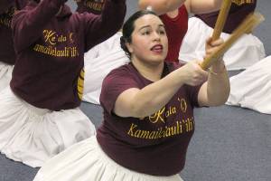 Kanani Vidal performs a Hawaiian dance using puiili, an instrument made of bamboo that is used to accompany a song and complement the hula dances visual appeal, during practice at the Federal Way hulau, a school of hula and Hawaiian culture. Vidal will be competing at the Merrie Monarch Festival in Hilo, Hawaii, in early April, along with her sister and other members of the hulau. JESSICA KELLER, the Mirror