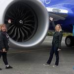 Kim Burton, left, and Denise Caldwell, right, pose in front of the 10,000th 737 airplane. Leah Abraham, Renton Reporter