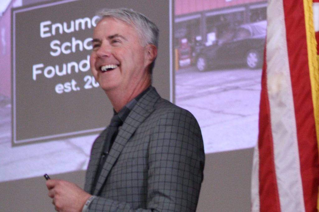Superintendent Mike Nelson shares a laugh with his audience during the recent Jazzing Up Education fundraising luncheon. KEVIN HANSON PHOTO