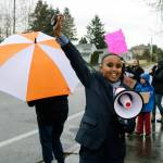 Scenic Hill fifth-grader Ismail Moalim leads the crowd in front of Kent School District headquarters with uplifting words at the April 4 rally to push for the superintendents resignation. He cites his teachers as his inspiration for attending the rally. Megan Saunders photo, for the Reporter