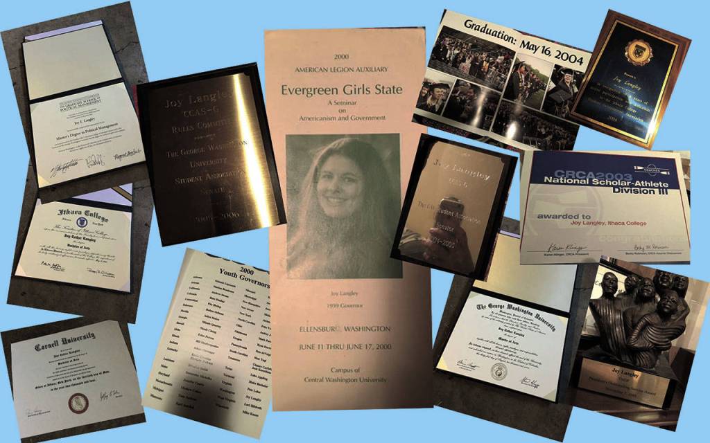 Former Mercer Island City Council candidate Joy Langley posted a photo of her various credentials  including her Cornell degree  on her website during her campaign after a group of residents questioned her education credentials. Photo courtesy of ElectJoy.com