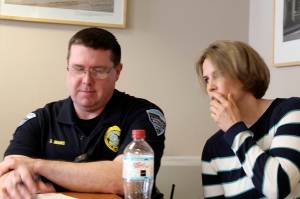 Langley Chief of Police David Marks sat with his girlfriend, Tara Hoflack, during Mondays city council meeting. Photo by Patricia Guthrie/Whidbey News Group