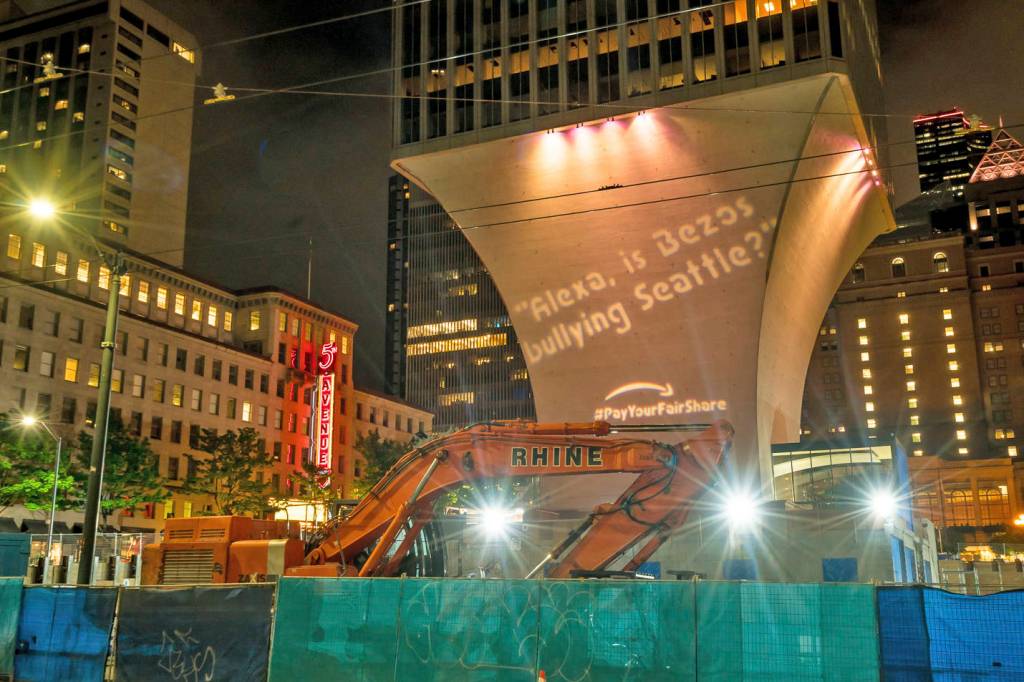 The Neighborhood Action Coalition and Transit Riders Union projected its support of the head tax on May 10, 2018. Photo by Jennifer Durham/Flickr