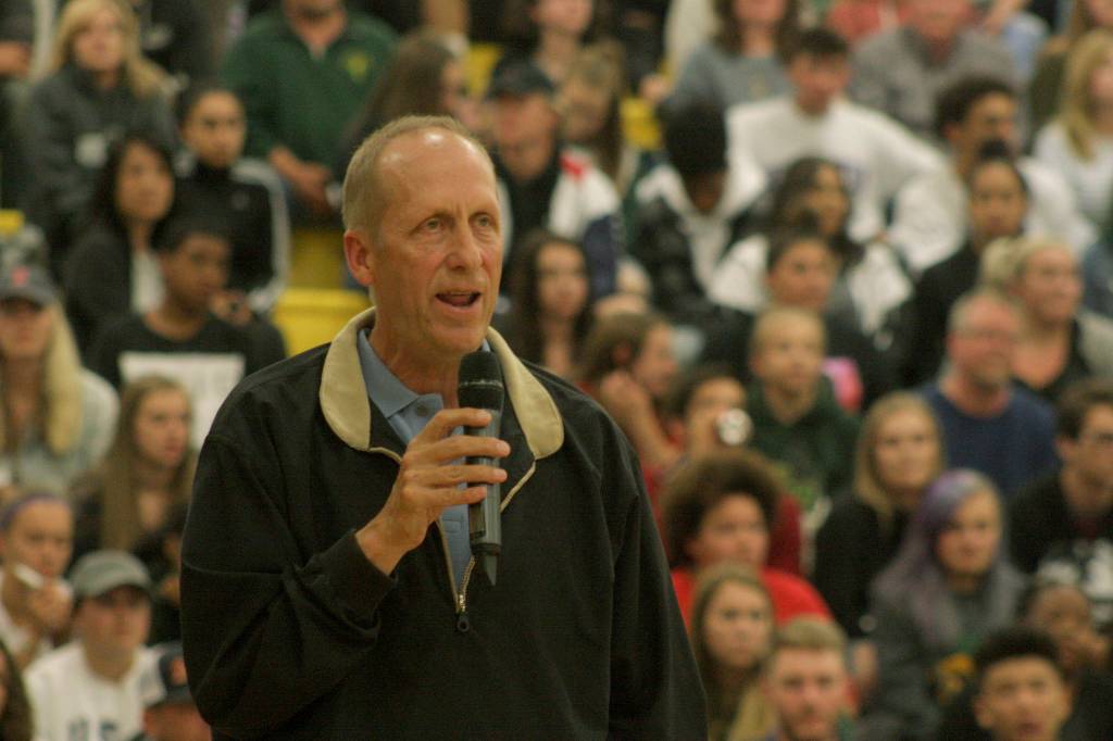 Kentridge principal Mike Albrecht described Eric Anderson, his friend and the schools longtime athletic director, as the face of Kentridge during Mondays memorial program. MARK KLAAS, Kent Reporter