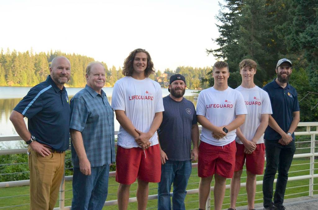 Pictured from left to right: Dave Johnson, Parks director, Mark Ratcliff, Recreation manager, Aaron Gabe Marienau, lifeguard, Chris Terril, HO Sports, Devin Deyerin, lifeguard, Lucas Adams, lifeguard,- and Karsten Steinmeyer, beach manager. Not pictured: Sierra Clemens. Courtesy photo