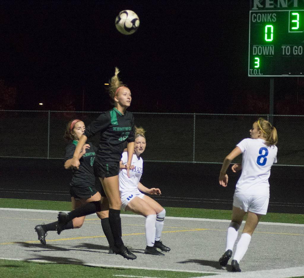 Photo by Kayse Angel                                Hazen and Kentwood battled it out Tuesday in Covington. The Conquerors scored a late goal to win the match 1-0. The loss is Hazens first of the season.
