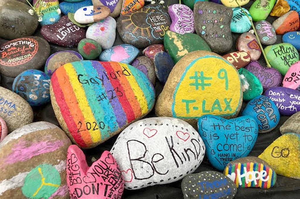 Submitted photo by Nicole Casey                                Rocks that students and community members painted to show love and support were set around the spirit rock at Tahoma High School.