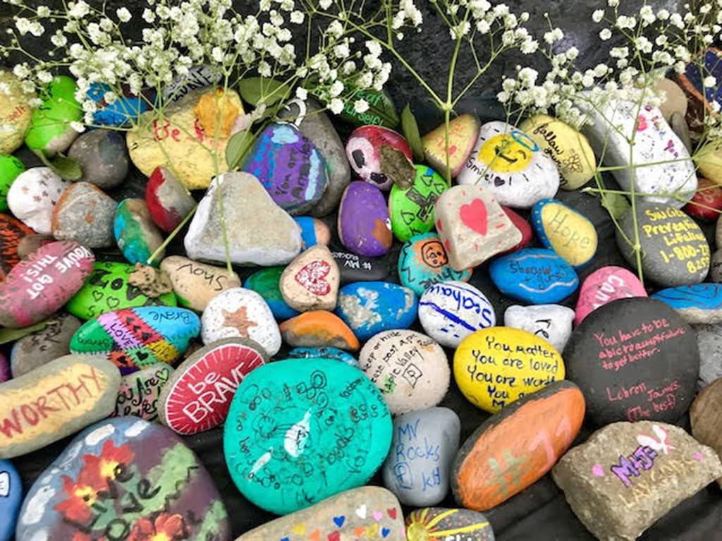 Submitted photo by Nicole Casey                                Rocks that students and community members painted to show love and support were set around the spirit rock at Tahoma High School.