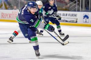 The Thunderbirds Simon Kubicek fires a shot during WHL play against Kelowna on Saturday night. COURTESY PHOTO, Brian Liesse, T-Birds