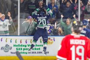 The Thunderbirds Zack Andrusiak celebrates his breakaway goal in the third period against the Winterhawks on Saturday night. COURTESY PHOTO, Brian Liesse, T-Birds