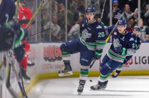 The Thunderbirds Zack Andrusiak celebrates after scoring one of his four goals against the Winterhawks on Saturday night. COURTESY PHOTO, Brian Liesse, T-Birds