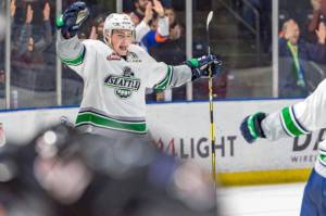 COURTESY PHOTO, Brian Liesse, T-Birds                                The Thunderbirds Matthew Wedman celebrates his game-winning overtime goal against Medicine Hat at the accesso ShoWare Center on Saturday night.