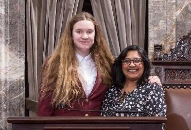 Paige Williams with her sponsor, Sen. Mona Das, on the Senate floor. COURTESY PHOTO, Washington State Legislature