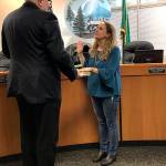 Covington Mayor Jeff Wagner swears Jennifer Harjehausen in on April 11. Harjehausen will be serving on Position No. 2. Photo by Kayse Angel