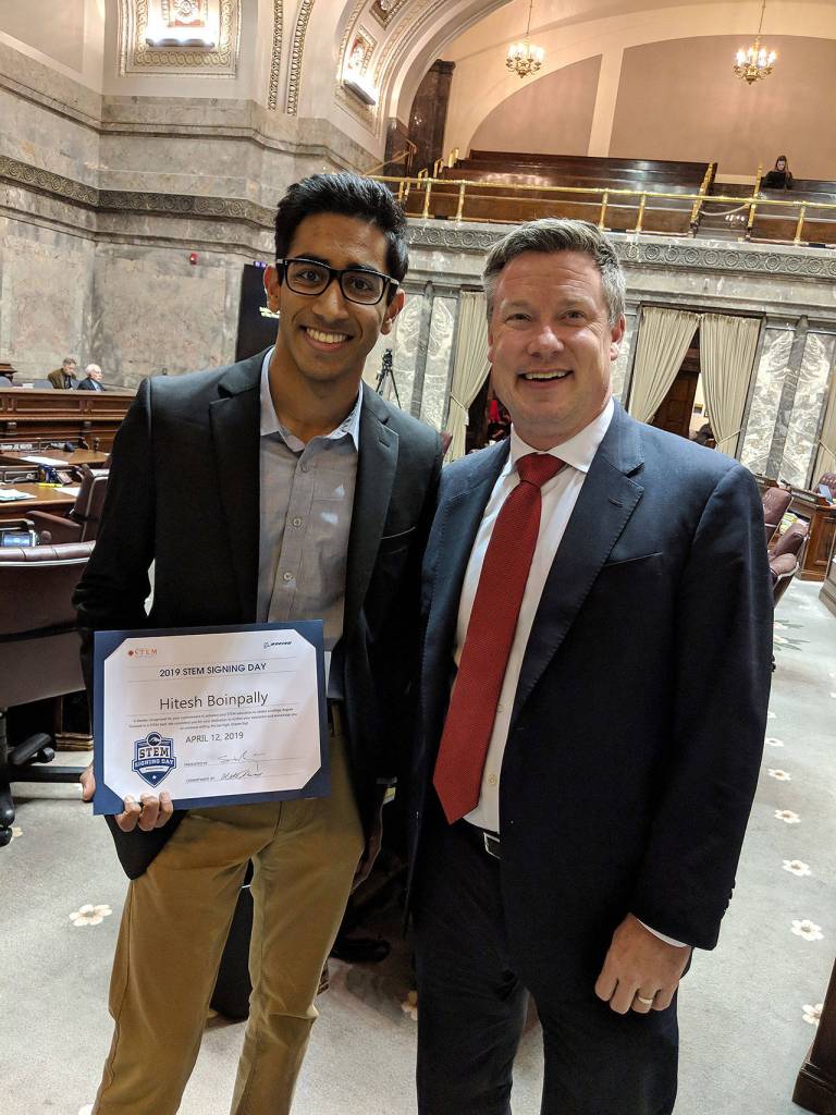 Hitesh Boinpally and Sen. Mark Mullet at STEM Signing Day in Olympia. Submitted photo