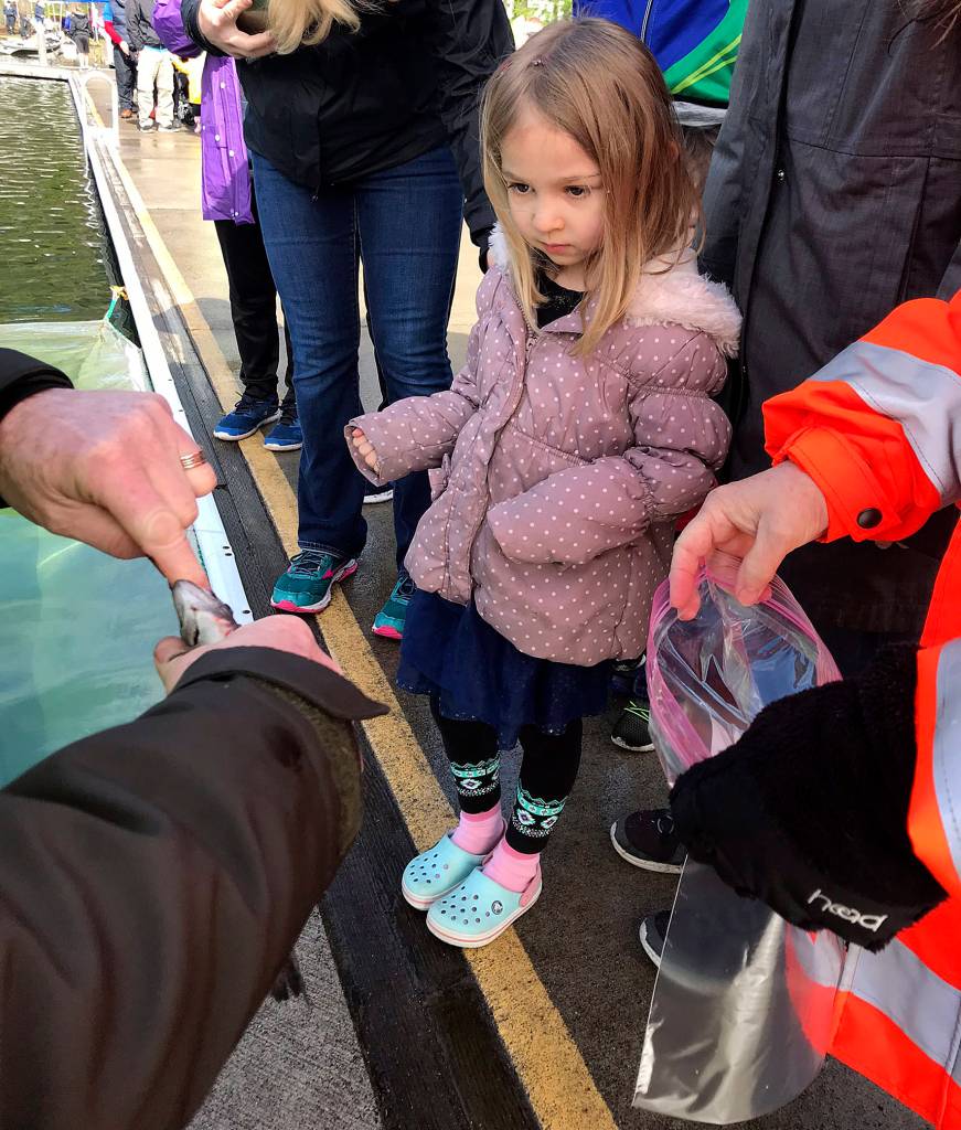 Kids from all around the area came to Lake Wilderness to fish at the Hooked On Fishing Derby. Abby Hong was able to catch a trout during this event on April 27. Photo by Kayse Angel