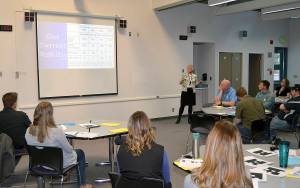 Dawn Wakeley, executive director of teaching and learning, presenting at the Engage Tahoma meeting on April 25. Photo by Kevin Patteson