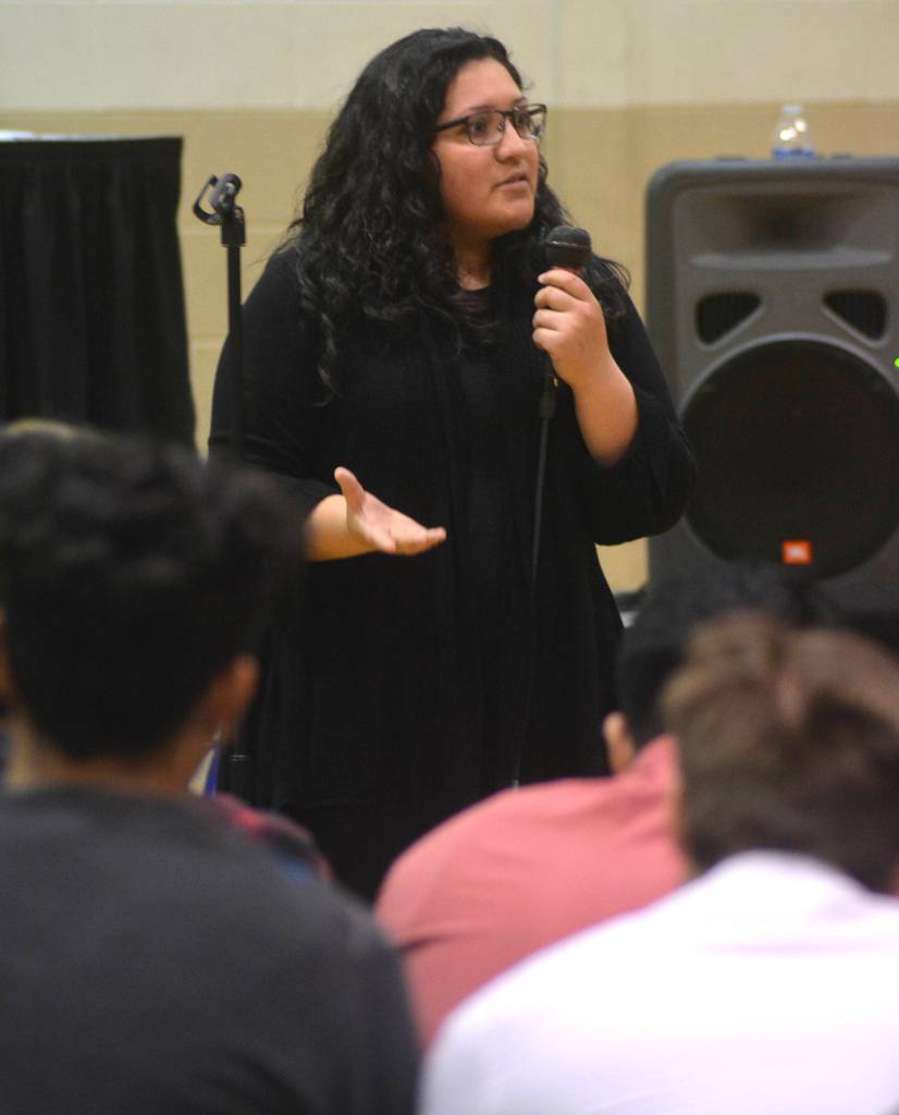 Photo by Kayse Angel                                 Kentwood student Monica Riestro-Carrillo speaks during the 2019 Kentwood Constitution Convention on May 28.