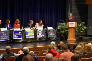 &nbsp;Photo by Haley Ausbun. Forum moderator Grifan Cayse (far right) asks questions to four Tahoma School District board candidates and five Maple Valley city candidates at the Maple Valley candidate forum, hosted by Maple Valley Black Diamond Chamber of Commerce, Thursday, Oct. 17 at Tahoma High School.&nbsp;