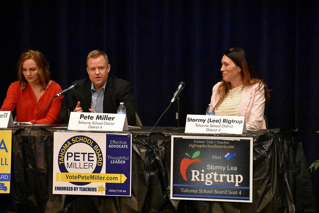 Photo by Haley Ausbun. School district 3 candidate Malia Hollowell and district 4 candidates Pete Miller and Stormy Rigtrup.