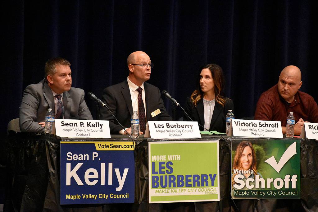 Photo by Haley Ausbun. Unopposed mayoral candidate Sean Kelly, Position 3 candidates Les Burberry and Victoria Schroff, and Position 5 candidate Richard Axtell.