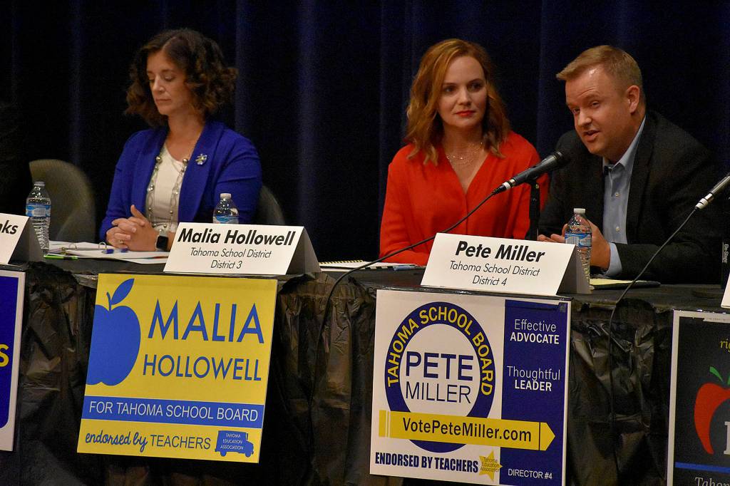 Photo by Haley Ausbun. School district 3 candidates Jamie Fairbanks and Malia Hollowell and district 4 candidate Pete Miller.