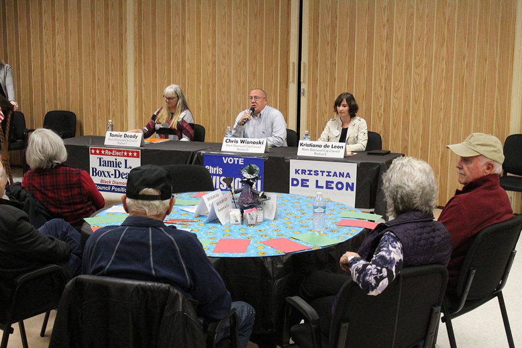 Left to right, Council members Tamie Boxx-Deady and Chris Wisnoski, as well as challenger Kristiana de Leon, participated in a Maple Valley Chamber-led candidate forum on Oct. 8. Wisnoskis seat is the only challenged race this year. Photo by Ray Miller-Still