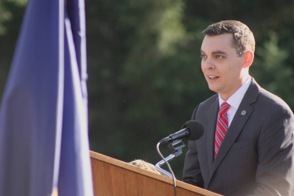 Keynote speaker George Cannizzaro, the executive assistant for the Office of the Deputy Under Secretary for Field Programs and Cemetery Operations, addresses the crowd at Tahoma National Cemetery. MARK KLAAS, Kent Reporter