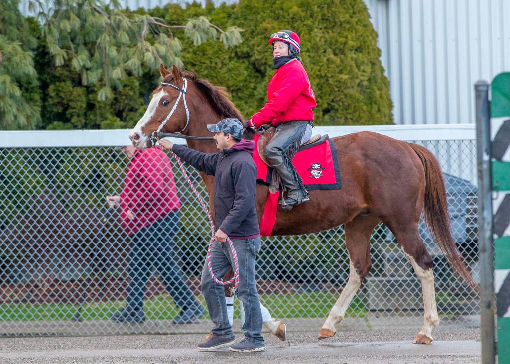 Barkley, the 2018 Longacres Mile champion, and Jennifer Whitaker were first on the track for winter training at Emerald Downs in February. COURTESY PHOTO, Emerald Downs