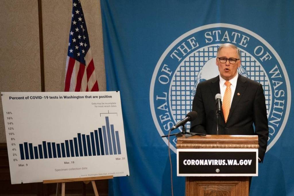Gov. Jay Inslee during a press conference April 2, 2020. (Photo courtesy of Gov. Inslees Facebook page)