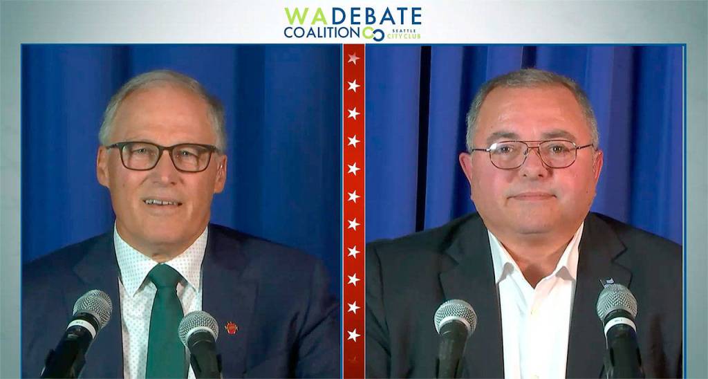 Washingtons Democratic Gov. Jay Inslee (left) and Republican challenger Loren Culp during Wednesdays debate. (TVW)