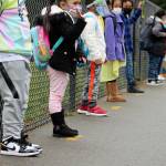 Kindergarten and first grade students line up outside of Panther Lake Elementary in Federal Way on March 15. Olivia Sullivan/the Mirror