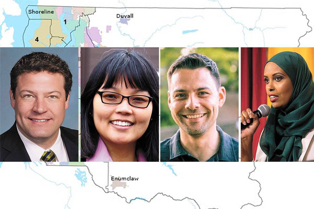 King County Councilmember Reagan Dunn and his challengers, Kim-Khanh Van, Chris Franco, and Ubax Gardheere. Courtesy photos