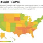 A heatmap showing the inclusivity of each state, which is based on the total Business Climate Score. The green states are the most inclusive, while the red are least inclusive; yellow and orange fall in the middle. Courtesy of Out Leadership.
