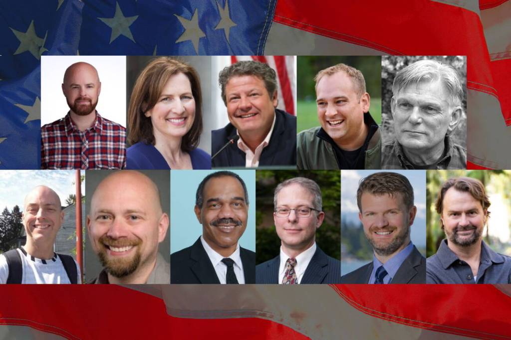 From left to right, starting from the top row then moving to the bottom: Emet Ward, Kim Schrier, Reagan Dunn, Matt Larkin, Dave Chapman, Ryan Dean Burkett, Justin Greywolf, Keith Arnold, Patrick Dillon, Jesse Jensen and Scott Stephenson are all candidates for U.S. Representative for Washingtons 8th Congressional District this year. Photos submitted by candidates or taken from their campaign websites or other materials.