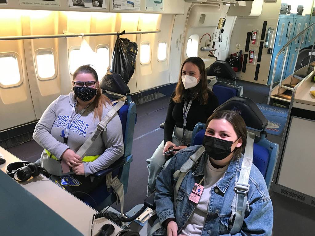 Renton native Marina Beltran, left, sits on the NASA SOFIA with her Embry-Riddle Aeronautical University classmates Alexis Lane, center, and Teagan Laws, right. Photo courtesy of Embry-Riddle and Dr. Noel Richardson